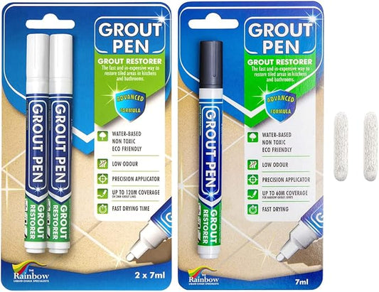 Grout Pen Tile Paint Marker: Dark Grey 1 Pack and 2 Pack White with Extra Tips (Narrow, 5mm) - Waterproof Tile Grout Colorant Marker for Cleaner Looking Floors & Whitener Without Bleach