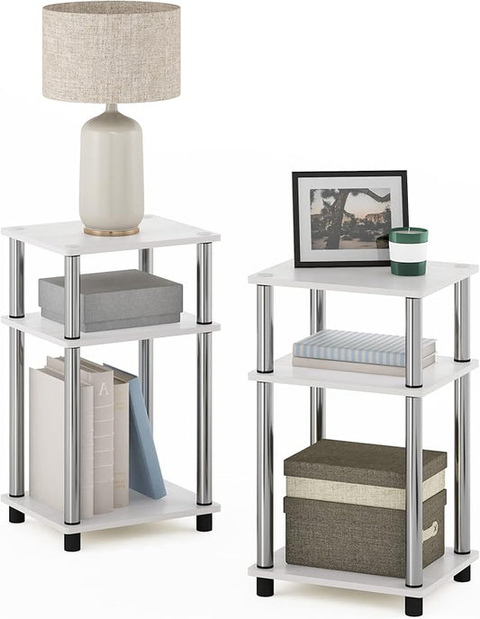 Furinno JUST Side Table Set of 2, 3-Tier End Tables, Open Shelves Night Stand, Nightstand, Toolless Assembly, for Living Room, Bedroom, White Oak/Stainless Steel