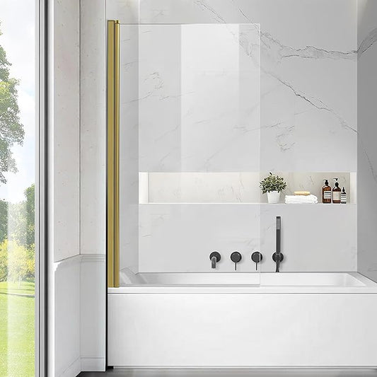 Frameless Tub Shower Door, Clear Tempered Glass Bathroom Shower Door 30" W*55" H, Hinged Foldable Bathtub Screen with Brushed Gold Wall Profile Support