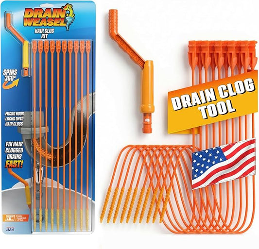FlexiSnake Drain Weasel Sink Snake Hair Clog Remover Tool, Sink, Pipe, Bathroom, Bathtub Drain Cleaner, 18-inch Long, Flexible, Made in The USA, 10 Pack Wand Refills and Removable Handle