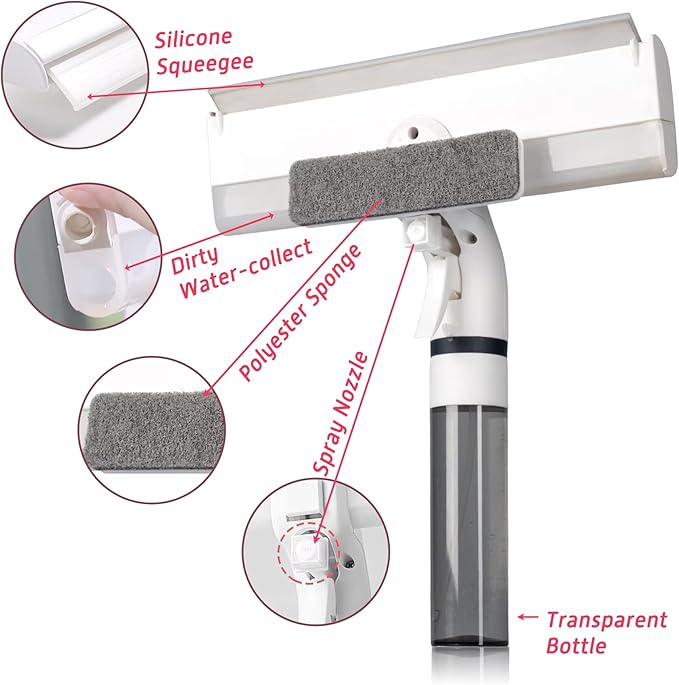 3 in 1 Professional Window Cleaner, Glass Cleaning Wiper with Spray & Waste Water Collection Tank, Water Spray, Window Washer Squeegee for Home, Outdoor Windows & Car Glass, White