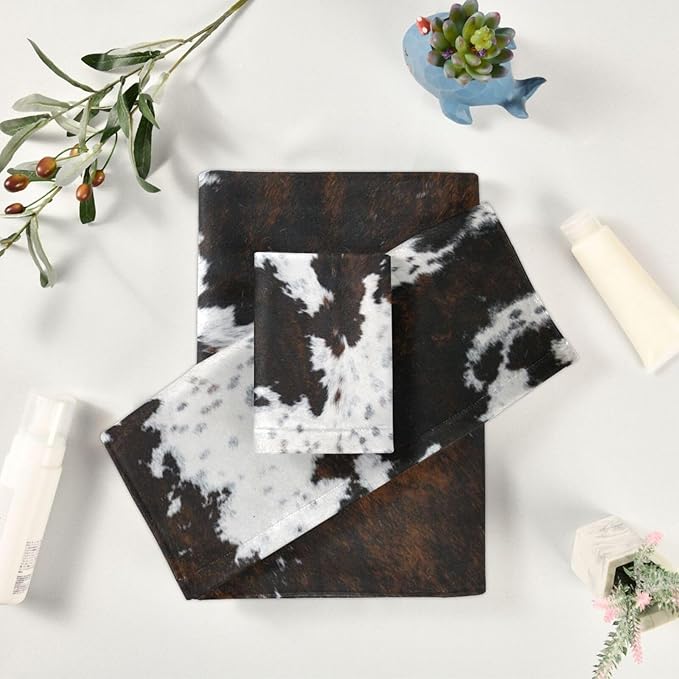 3 Piece Cow Fur Bath Towel Set,Microfiber Decorative White Black Brown Cow Print Country Farmhouse Cowhide Bathroom Towels,1 Bath Towel 1 Hand Towel for Bathroom Kitchen,1 Washcloth for Face