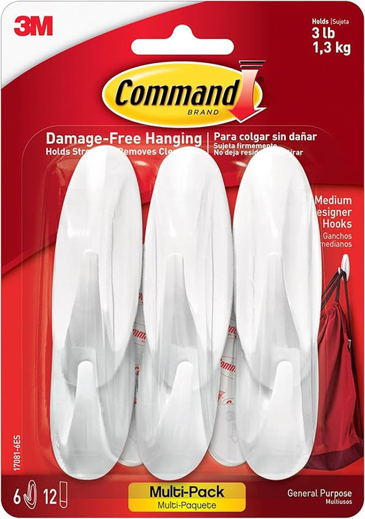 Command Medium Designer Hooks, 6 Hooks and 12 Strips, Damage-Free Hanging Wall Hook with Adhesive Strips, No Tools Great for Hanging, Organization and Storage, Holds up to 3 lb