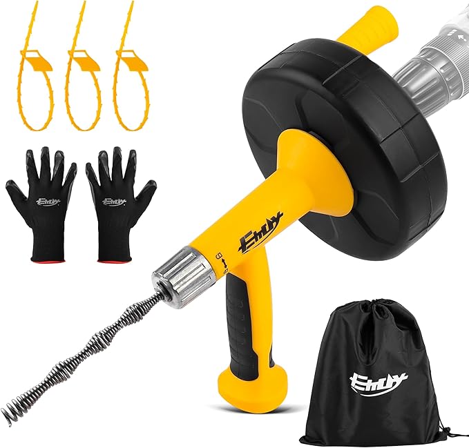 Drain Auger, Drain Snake with Drill Adapter, 25ft Plumbing Auger Heavy Duty Flexible Sink Steel Plumbing Auger Bathroom Hair Clog Removal Tool