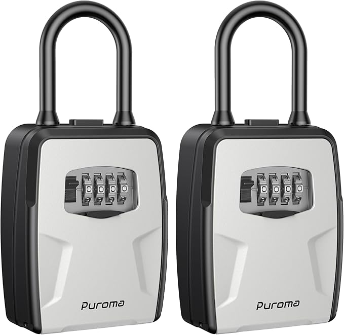 Puroma Large Key Lockbox with Hook, Resettable Combination Code Lock Box, Waterproof Security Wall Mount Lock Box with Shackle for Outdoor, Home, Door Handle Apartment Key Storage (2 Pack, Gray)