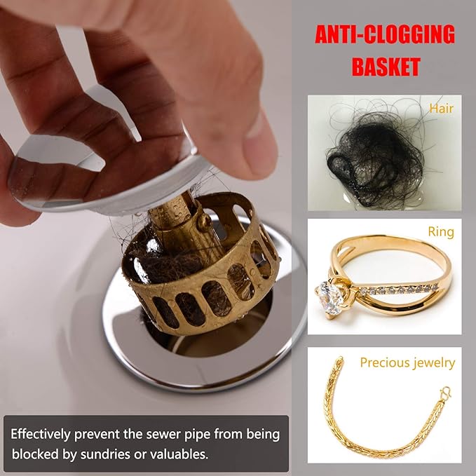 Bathroom Basin Sink Push Button Drain Stopper with Removable Brass Strainer Basket, with Overflow Chrome Push Pop Up Drain Assembly Polished Chrome,83606-1C.