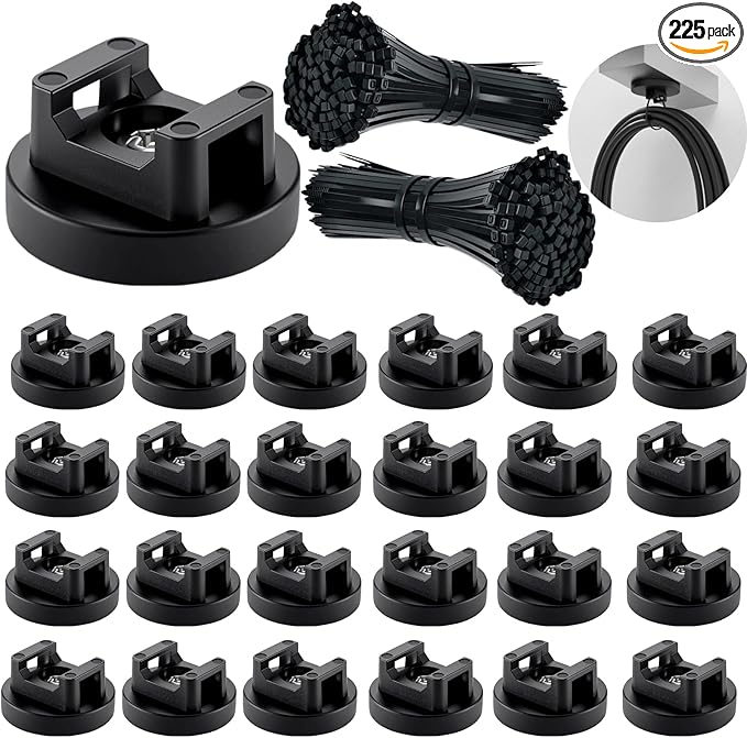 Magnetic Cable Ties Set, 25 Magnetic Zip Tie Mounts with 200 Cable Ties, Strong Wire Holder Cables Management, Multipurpose Electrical Cord Management Cord Holders Organizer (31mm)