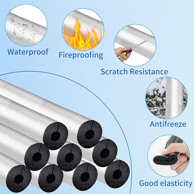 1 '' ID Pipe Insulation Foam Tube Self Adhesive Heat Tape for Water Pipes 20PC Insulation Foam Wrap Aluminum Foil Pipe Covers for Spigot, Winter Outside Pipes, Sprinkler (Black )