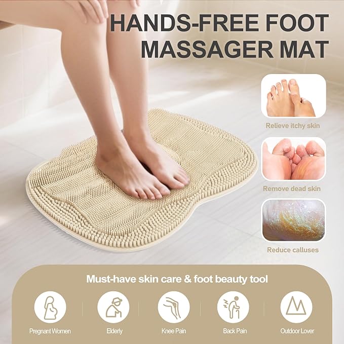 XL Shower Foot Scrubber Mat, Silicone Feet Massage Scrubber in Shower Clean Foot Toes Pad without Bending Non-slip Suction Cups Blood Circulation Exfoliate Smooth Achy Relief 17.4*13.4" Beige