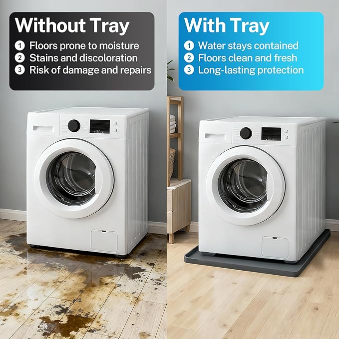 27" X 27" Washer Tray for Floor Protection, Washing Machine Drain Pan Silicone Mat with 4Pcs Anti Vibration Pads for Dryer, Washer, Refrigerator