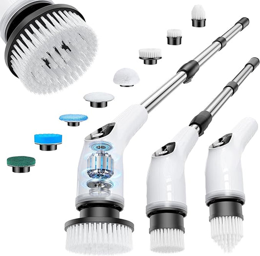 Electric Spin Scrubber, Cordless Cleaning Brush with 8 Replaceable Heads, Five-Speed Power Scrubber with Adjustable Handle for Bathroom, Tub, Floor, Tile & Car – Clean Without Bending
