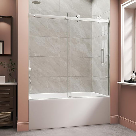 Frameless Bathtub Shower Door, Tub Sliding Door with Nano Coating & Safety Film, 1/4" (6mm) SGCC Tempered Glass，Adjustable 55"-60" W x 60" H, Brushed Nickel