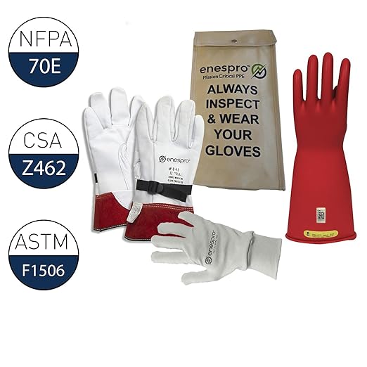 Enespro Class 2 Red Rubber Voltage Insulating Glove Premium Kit with FR Knit Glove and Leather Protectors, Max. Use Voltage 17,000V AC/ 25,500V DC, KITGC2R11AG