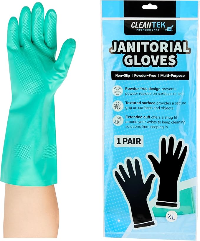 Restaurantware Green Cleaning Gloves 10 Pairs 15 Mil Thick Extra Large Heavy-Duty Nitrile Gloves With Long Cuff No-Latex Flock Lining For Use In Hospitals, Commercial Kitchens and Households