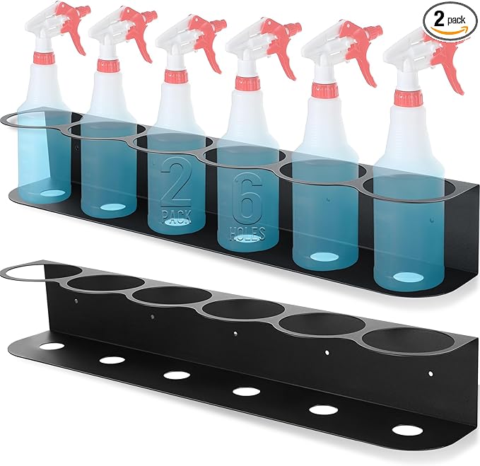 Therwen 2 Pcs 6 Holes All Purpose Steel Spray Bottle Holder Heavy Duty Can Holder Rack Organizer Easy Install Wall Mount Paint Spray Bottle Organizer Storage Rack for Garage Home Workspace(Black)