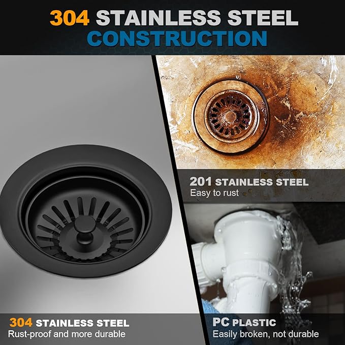 BOTEMY B9173 Kitchen Sink Drain Assembly 3-1/2 inch with Removable Sink Strainer Basket/Stopper 304 Stainless Steel (Matte Black)