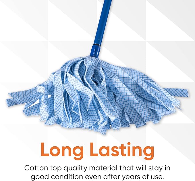 Superio String Mop Cotton Mop for Hardwood Floor Cleaning Self Wringing Mop for Home, Kitchen, Bath, Office Cleaning, Blue Heavy Duty Mop Commercial/Industrial, Aluminum Handle