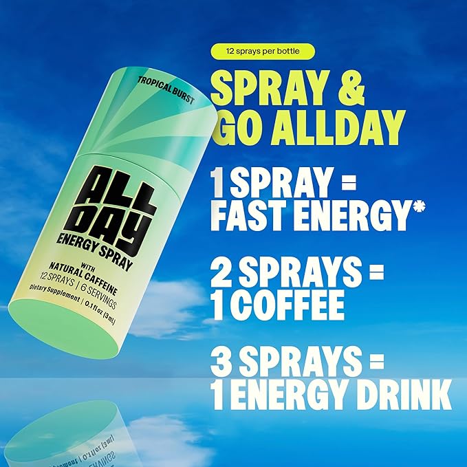 ALLDAY Focus + Energy Spray | Natural Caffeine + L-Theanine + Essential Vitamins | 0 Calorie, 0 Sugar | 12 Spray Bottle | Faster, Cleaner, Smoother Energy (8 Pack Strawberry)