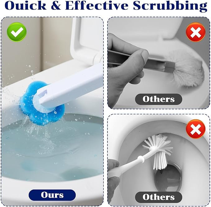 2 Pack Disposable Toilet Brush and Holder Set, Extended Handle Toilet Bowl Cleaner Wand with 48 Refills Replacement Heads Pads Bathroom Maintenance Bathtub Stick Cleaning System Starter Kit