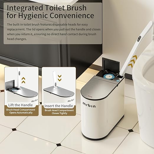MRBIN Motion Sensor Bathroom Trash Can and Disposable Toilet Brush Holder Set, 1.8 Gallon Slim Touchless Small Garbage Pail, Toilet Smart Waste Basket with Lid and Odor Filter, Cream White