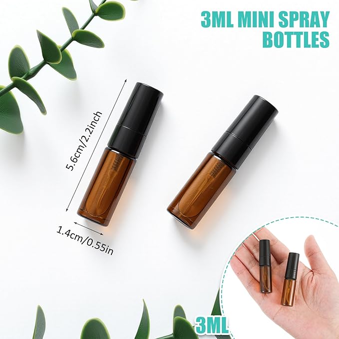 Zhehao 25 Pcs Mini Spray Bottles 3 ml Clear Glass Perfume Bottles Refillable Fine Mist Perfume Atomizer Portable Empty Sample Containers for Cleaning, Essential Oils, Travel (Amber)