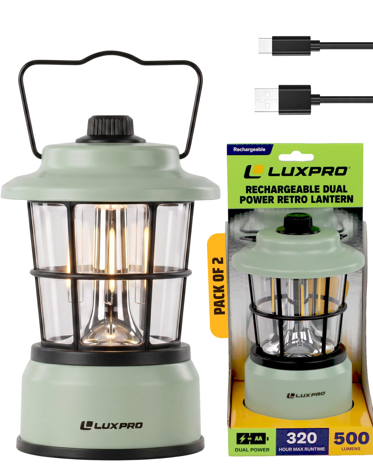 LUXPRO Rechargeable Retro Lantern LED Camping Lantern, Sage Green - Image 1