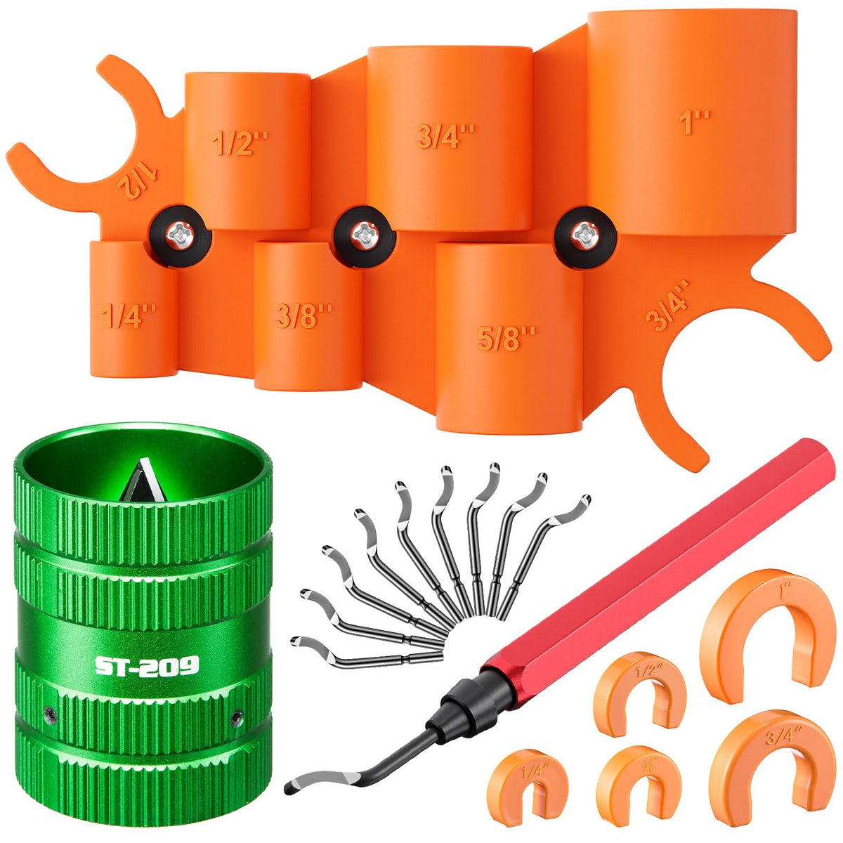 18 Pcs Plumbing Tool Kit, Pipe Depth Gauge, Reamer,St-209,Green - Image 1