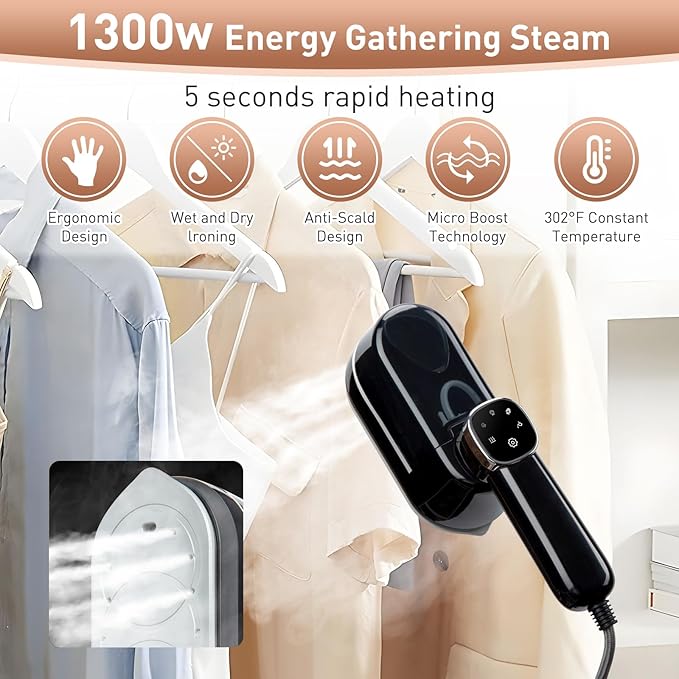Travel Steamer for Clothes， 4-Speed Steam Adjustable Handheld Iron with LCD Display Screen, 5S Rapid Preheating 1300W Clothes Hanging Ironing Machine, Suitable for Home, Dormitory & Travel (Black)