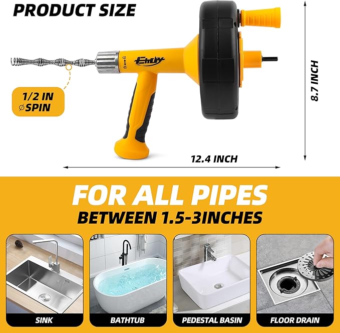 Drain Auger, Drain Snake with Drill Adapter, 25ft Plumbing Auger Heavy Duty Flexible Sink Steel Plumbing Auger Bathroom Hair Clog Removal Tool