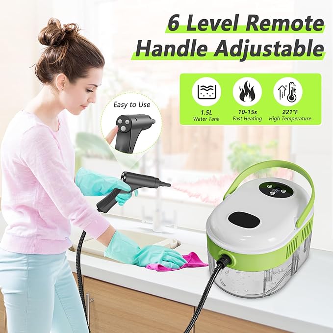 Steam Cleaner, Handheld Steam Cleaner with 6 Levels Adjustable Handle, 1.5L Water Tank, Steamer for Cleaning, Portable Steam Cleaner for Home, Car, Furniture, Couch, Bed Bugs (White & Green)