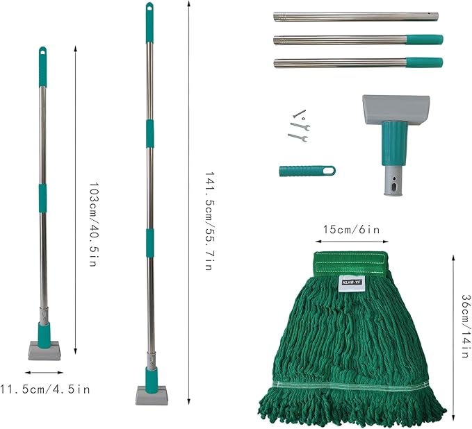Heavy Duty Commercial Mop | 55.7" Stainless Steel Handle & 2 x 20.5 oz Looped-End Cotton Heads | Wet Mop for Home Garage Office Warehouse Floor Cleaning