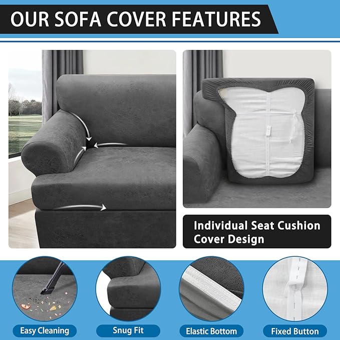 4-Piece T Couch Cover - Leather Look Slipcovers for 3 Cushion Sofa, Washable, Grey