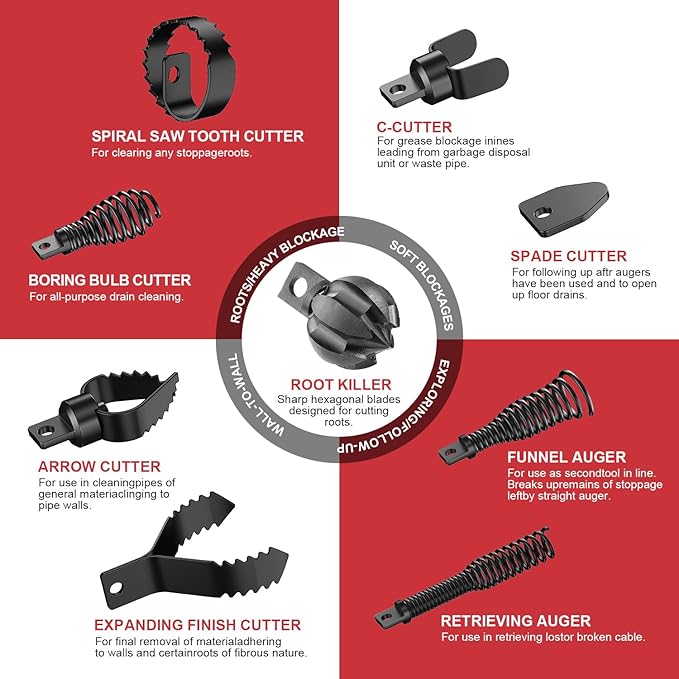 100 ft x 1/2 inch POPULO Auto Feed Electric Drain Snake Auger for 2 to 4 Inch Pipes, Sewer Plumbing Snake Auger, Heavy Duty Drain Cleaner Machine with 8 Cutters & 1 Root Killer & Gloves