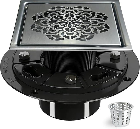 6 Inch Shower Drain, Square Shower Floor Drain Kit with Flange and Removable Cover Grate, AISI 304 Stainless Steel, Brushed Nickel
