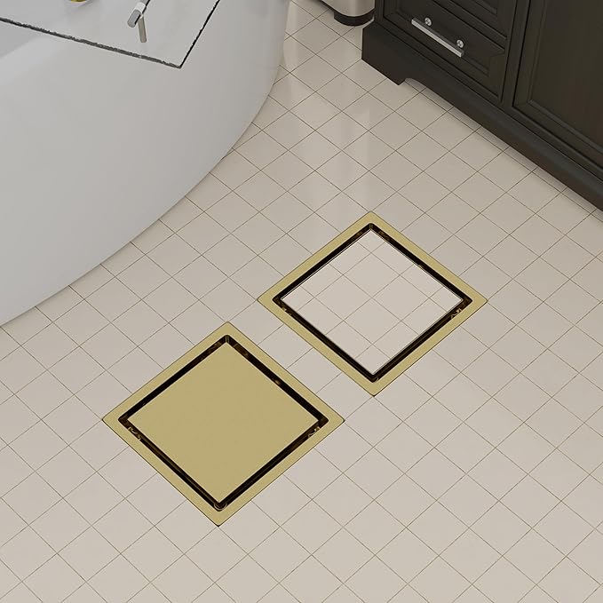 4 Inch Gold Square Shower Drain Kit with Flange,Modern Floor Drain with 2-in-1 Cover Tiled Insert Grate,Stainless Steel SUS 304