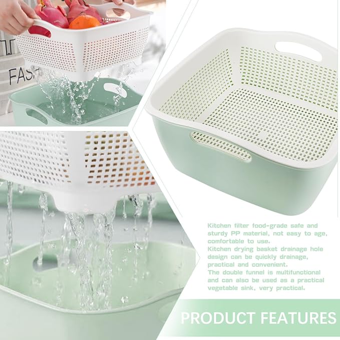 Double-layer Draining Basket Plastic Fruits & Vegetable Wash & Drain Basket, Multi-layer Stackable for Kitchen (Green)