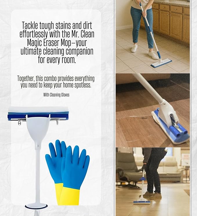 2X Magic Eraser 10 in. W Roller Mop with Scrub Brush Bundle with Cleaning Gloves – Dual-Action Mop for Tough Floor Messes with Built-in Scrubber – Gift Set (3 Items)