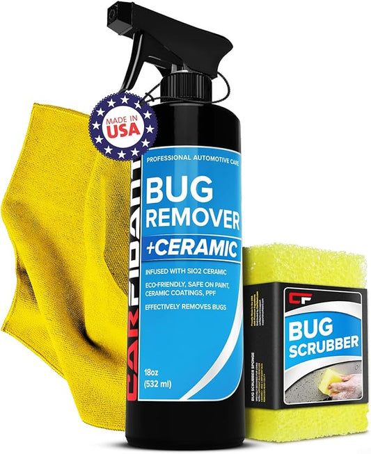 Carfidant Bug Remover for Cars Exterior - Car Bug Cleaner Spray with Ceramic Coating - Removes Bug Splatter & Bird Poop - Safe on Paint, Glass, Plastic, Metal - Windshield Pre Wash - 18 fl oz + Sponge