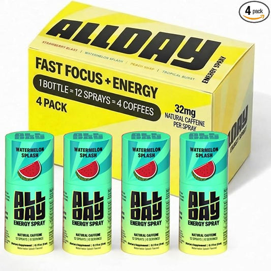 ALLDAY Focus + Energy Spray | Natural Caffeine + L-Theanine + Essential Vitamins | 0 Calorie, 0 Sugar | 12 Spray Bottle | Faster, Cleaner, Smoother Energy* (4 Pack Variety)
