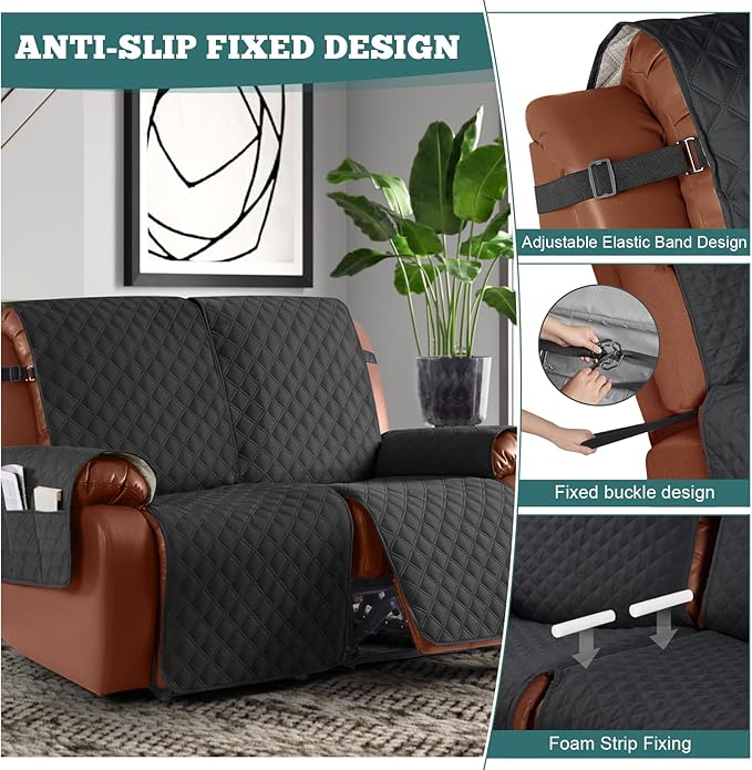 Ruaozz Waterproof Recliner Sofa Covers, 1-Piece Couch Covers for Reclining Couches Reclining Couch Cover Washable Furniture Protector with Elastic Straps Pocket for Kids Pets (Black, XL 2 Seater)