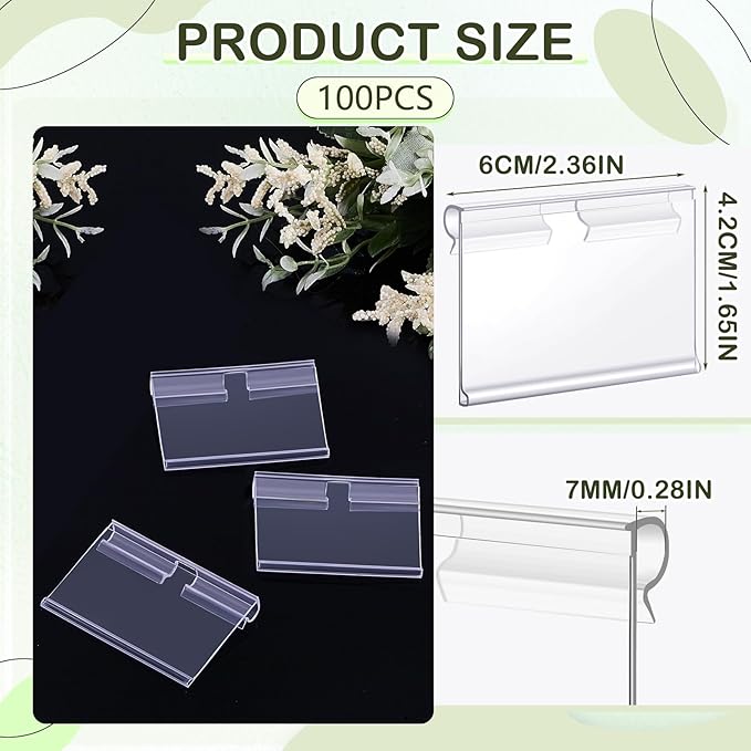 Tatuo 100 Pcs Reusable Plastic Wire Shelf Label Holders, Price Card Sign for Pantry Retail Supermarket Merchandise Shopping Mall Shop Ticket Display Holder Clip on Design, 2.36" L x 1.65" H (Clear)