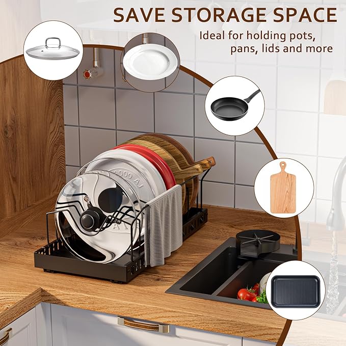 Pots and Pans Organizer Under Cabinet, Pull-out Pots and Pans Organizer, Under Cabinet Pot Lid Holder, Sliding type Pots and Pans Storage with 8 Adjustable Dividers & Handle Bracket - Black