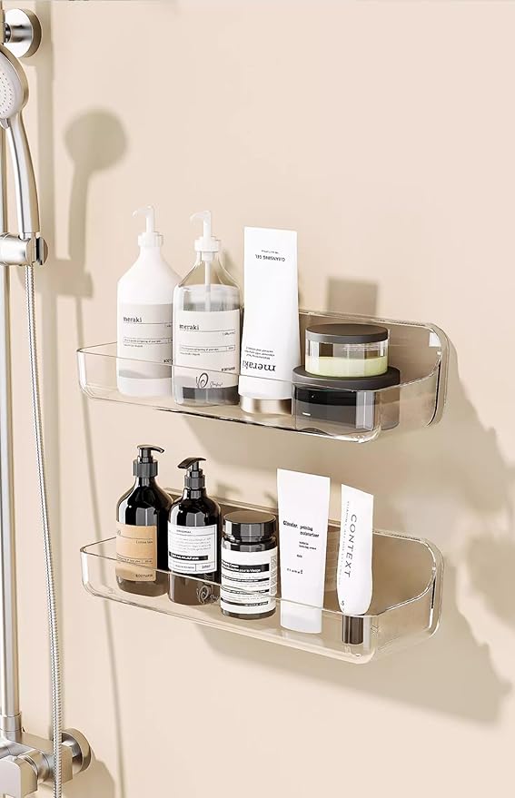 No-Drill Acrylic Shower Caddy – Wall Mounted Bathroom Shelf with Drain Holes, Strong Adhesive, Large Capacity for Shower, Kitchen, RV – Sandra Series