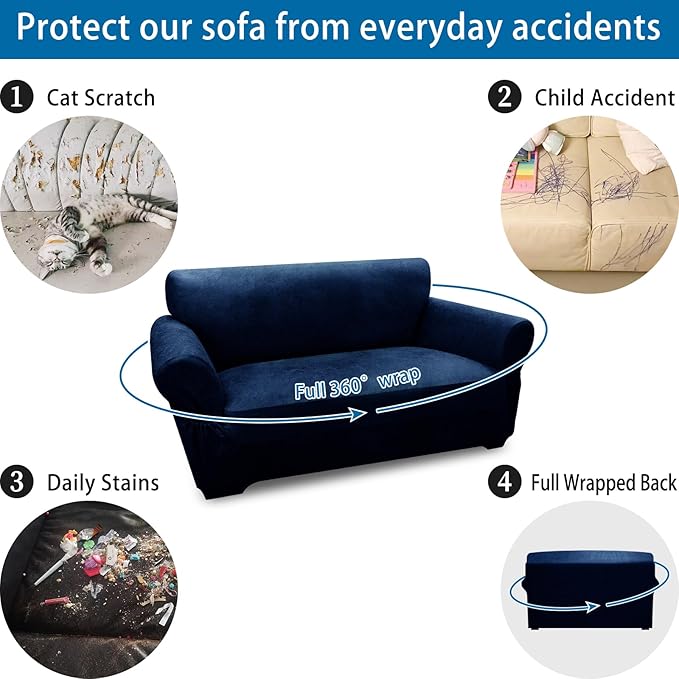 Loveseat Sofa Slipcover Leather Look Couch Covers for 2 Seater Couch Sofa 1-Piece Sofa Cover Stretch Furniture Protector with Elastic Bottom & Pockets(Loveseat, Navy)