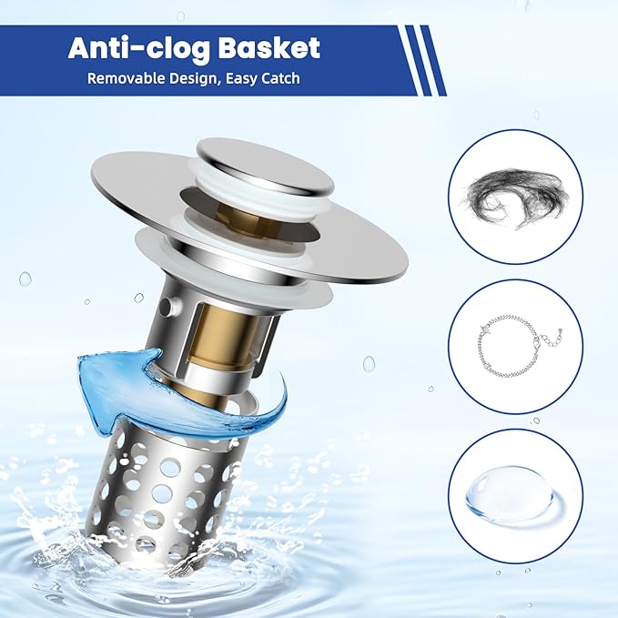 Universal Bathroom Sink Drain Strainer Hair Catcher 2PCS Upgraded with Removable Stainless Steel Filter Basket, 3 in 1 Pop Up Sink Stopper for 1.1''~2.36'' Sink Basin Hole, Chrome
