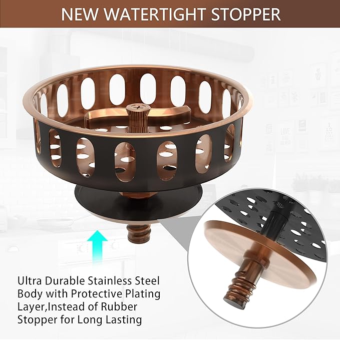 Kitchen Sink Drain Assembly 3-1/2 Inch Stainless Steel Kitchen Drain with T-Shaped Sink Strainer Basket and Drain Stopper for Standard Kitchen Sink Antique Copper
