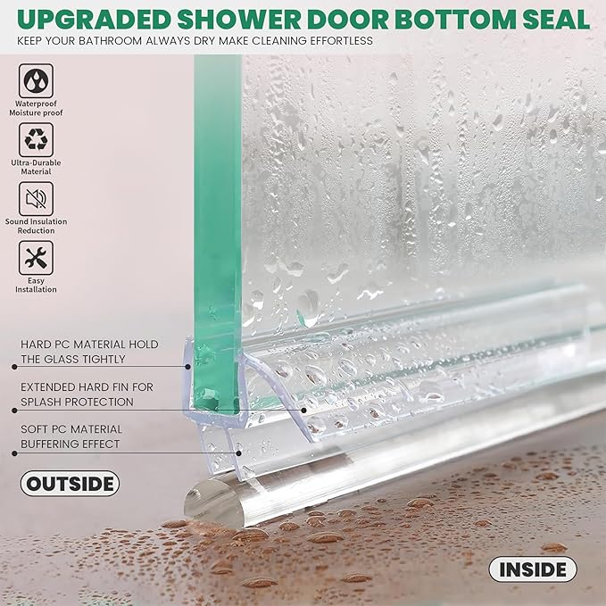 Glass Door Bottom Seal, 1/4" x 39" Shower Door Clear Silicone Seal Strip and PVC Base Set, Frameless Doors Bottom Sweep Glass-Stop Shower Leaks Frameless Shower Doors