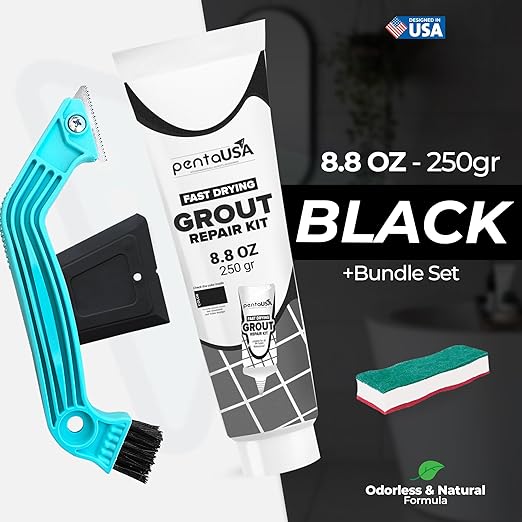Pentausa Premixed Acrylic Sanded Tile Grout Repair Kit - Ready to Use Grout Renew Filler for Bathroom, Shower, & Kitchen Tile with Grout Removal Tool, Applicator & Sponge, (8.8 Oz - 250gr) (Black)