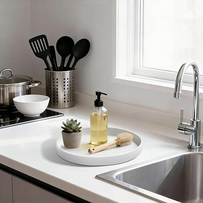 1 Pack 8" Bathroom and Vanity Tray, ABS Bathroom Counter Organizer, Coffee Table Decor for Perfume, Candles, Keys &More. Kitchen Countertop Organizer, Decorative Tray Soap Holder, White