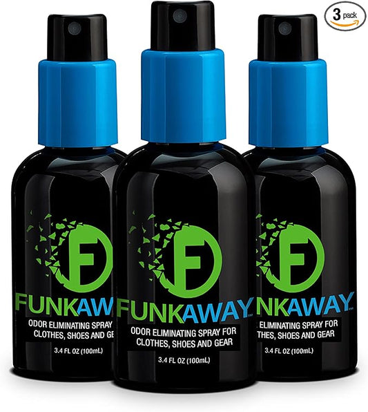 FunkAway Odor Eliminator Spray for Shoes, Clothes and Gear, 3.4 oz., 3 Pack, Non-Aerosol; Mini Size for Travel, Ideal for Gym Bag, Purse, Locker or Suitcase